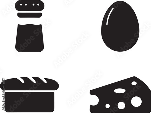 Black icons of salt shaker egg bread and cheese food