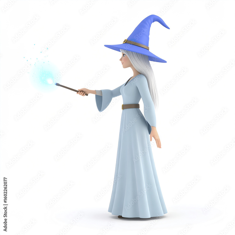 Naklejka premium Wizard magic spell wand blue hat long dress female fantasy mystical glowing