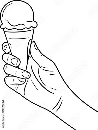 Hand holding a delicious ice cream cone in a simple line drawing style