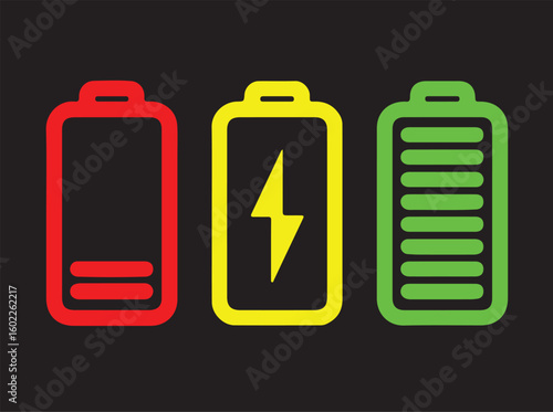 Three battery icons showing different charge levels: empty (red), charging (yellow), and full (green), against a black background.
