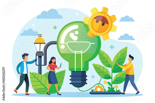 Creative team working on innovative ideas with a light bulb concept in a nature-inspired environment during daytime