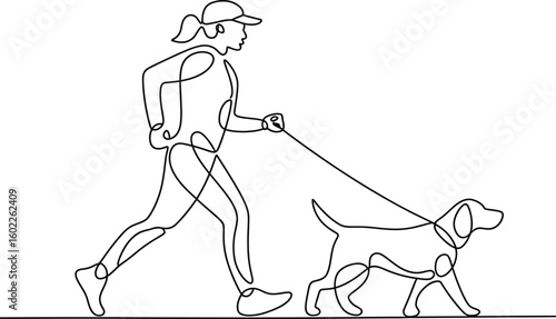 Continuous line drawing of a person walking a dog outdoors