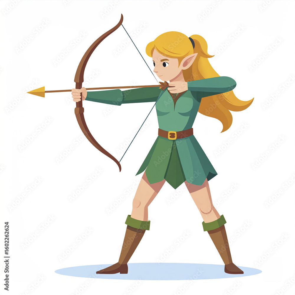 Obraz premium Elf archer with long blonde hair aiming bow and arrow, wearing green medieval outfit and brown boots, standing in focused stance on white background
