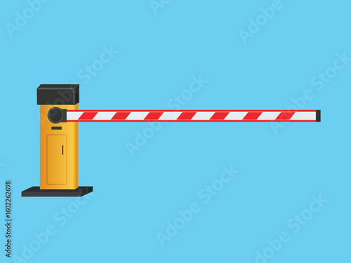 A yellow and black automated barrier gate with red and white stripes is shown against a blue background.
