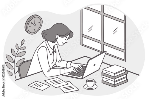 Woman working on laptop at a desk with books and coffee in a well-lit office space during the day