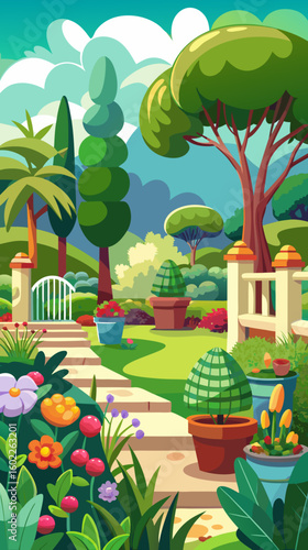 Vibrant cartoon garden with blooming flowers manicured topiaries and a white gate leading to lush greenery