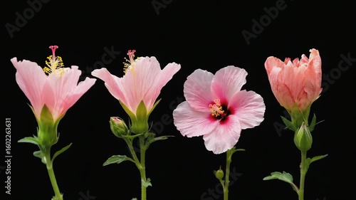 Pink Hibiscus Flowers in Various Blooming Stages Against Black Background