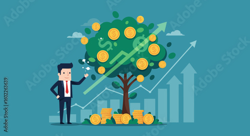 Businessman tending to a money tree with coins and upward trend graph
