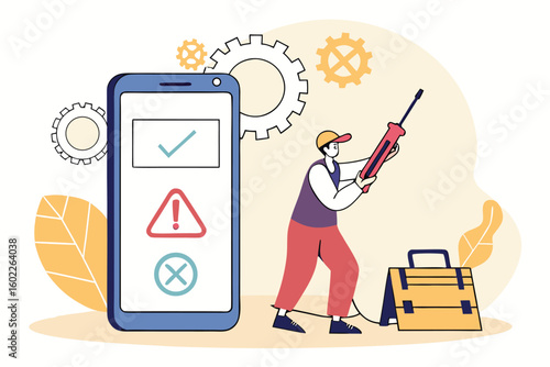 Technician using a smartphone for equipment maintenance with gears in the background during a workday