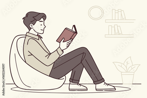 Person enjoying reading a book while sitting on a bean bag chair in a cozy indoor space surrounded by bookshelves and indoor plants