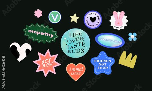 Vegan Animal Lover Stickers, Cruelty-Free, Empathy, Action, Vector Icon