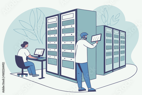 Data professionals working in a modern server room surrounded by network equipment and greenery, depicting a blend of technology and nature during daytime hours