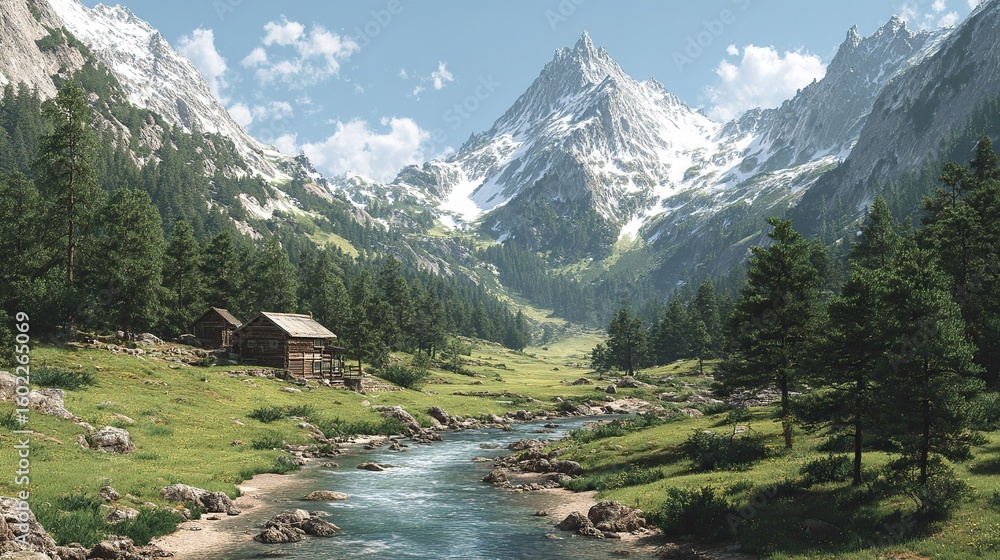 Obraz premium Photorealistic view of tranquil alpine valley with clear river winding through lush meadows, snow-capped mountains in background, and wooden chalet by the stream under bright daylight, symbolizing pea