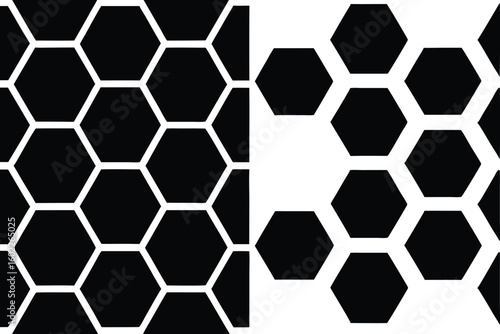 Vector art of a striking black and white geometric hexagon pattern creates a modern abstract background