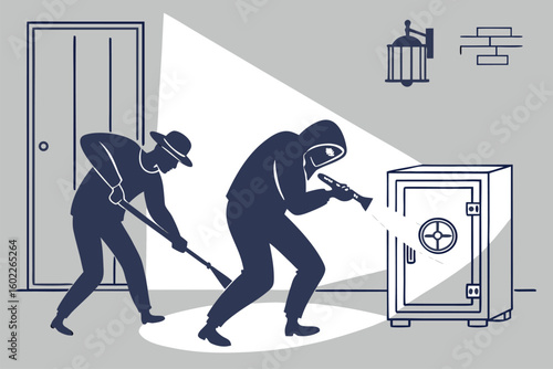 Intruders attempting to break into a safe in a dimly lit room during the night using a crowbar and flashlight