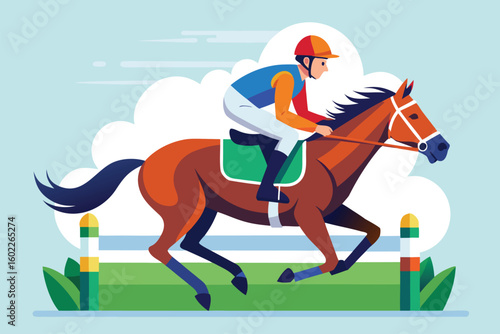 Jockey riding a galloping horse at a racetrack with bright skies and green surroundings during a competitive event