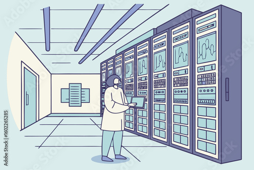 Technician monitors servers in data center while managing systems and ensuring efficient operations