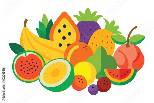 Vector art of a vibrant assortment of fresh, colorful fruits including bananas, apples, and oranges