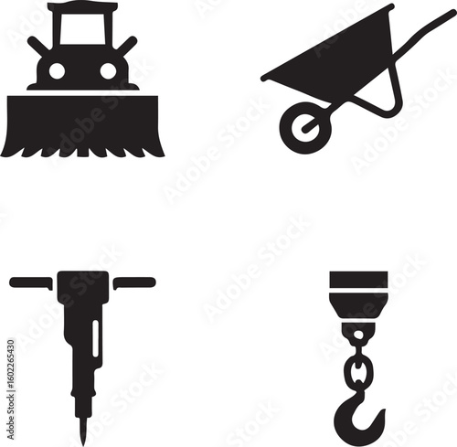 Construction tools icons bulldozer wheelbarrow jackhammer crane hook