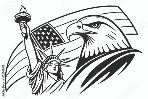 Symbolic representation of freedom with the Statue of Liberty and a bald eagle set against the American flag background showcasing national pride and patriotism