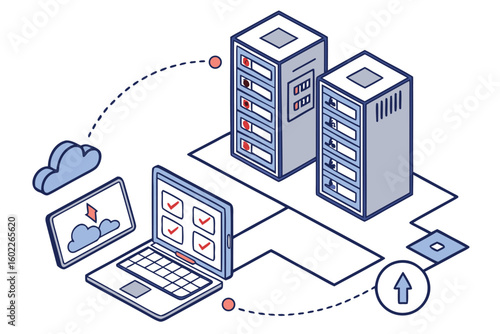 Data transfer between cloud storage and servers illustrated through a network diagram showcasing computing processes, data management, and server communication