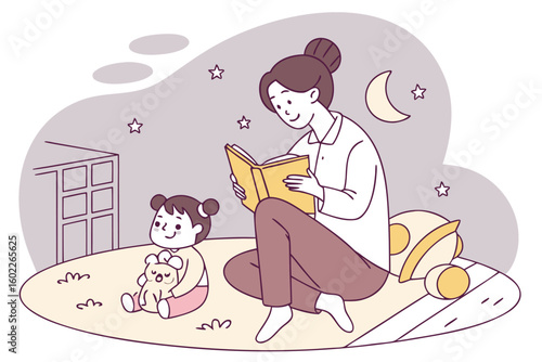 Evening reading time with a child in a cozy bedroom surrounded by stars and a crescent moon