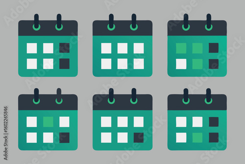 Vector art of six green and white calendar grids arranged in two rows, representing planning and scheduling