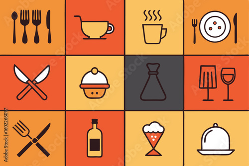 Vector art of a collection of food and drink icons for restaurant and dining