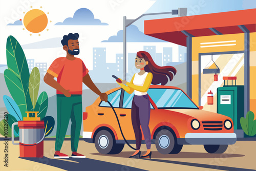 Young man and woman exchanging friendly conversation during a car service encounter in a vibrant city setting under a bright sun