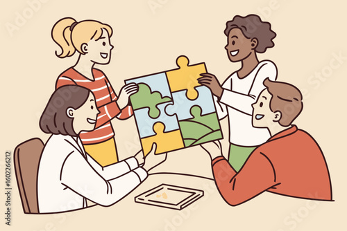 Friends joyfully assembling a colorful puzzle together indoors during a relaxing afternoon activity in a cozy space