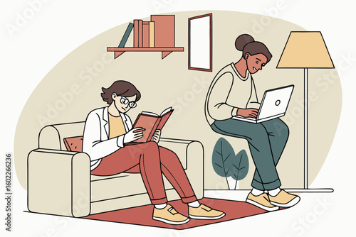 Two individuals engaged in different activities in a cozy living room setting during the afternoon hours