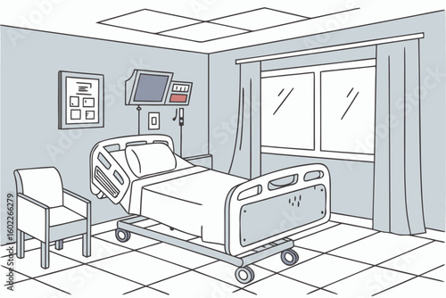 Hospital room with a hospital bed, medical equipment, and a chair, featuring a large window and neutral color palette in a healthcare facility during daylight hours