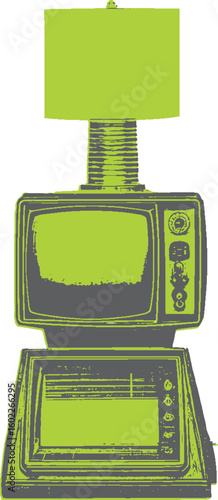 Vintage television combined with a lamp in a green monochrome style. Retro electronic object, vector illustration with abstract and surreal graphic elements.