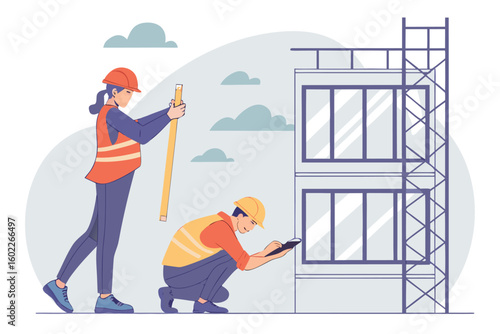 Workers engaged in construction activity assessing building measurements at a construction site during the daytime