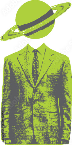 A man in a suit with a Saturn planet head and rings. Green vintage surreal vector illustration with textured graphic style.