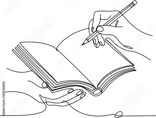 Hands sewing pages of an open book with a needle and thread