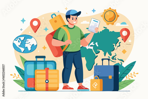 Travel enthusiast prepared for adventure with luggage and map in vibrant illustration depicting a world exploring theme