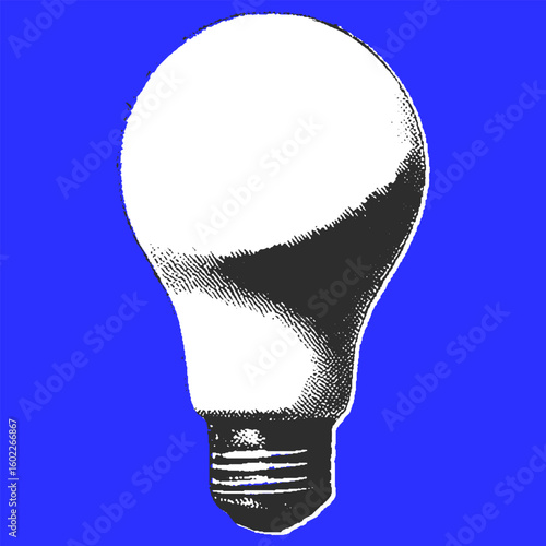 Vintage bulb with hatched black and white sketch style. Retro object vector illustration on blue background.