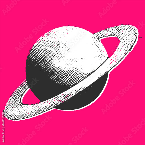 Saturn planet with ring in vintage engraving style on a bold pink background. Monochrome texture vector illustration.