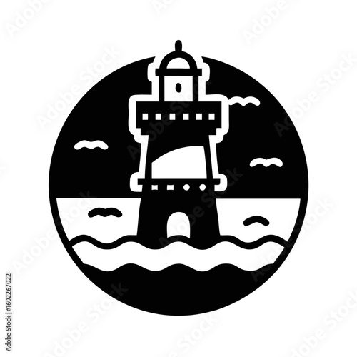Monochrome illustration of a lighthouse set against the sea within a circle