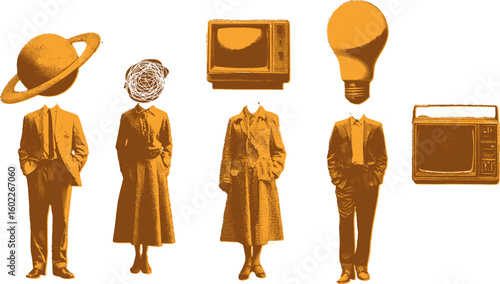 Surreal vintage set of men and women in classic attire with objects as heads, including planet, lightbulb, television, and sketch. Retro vector illustration.