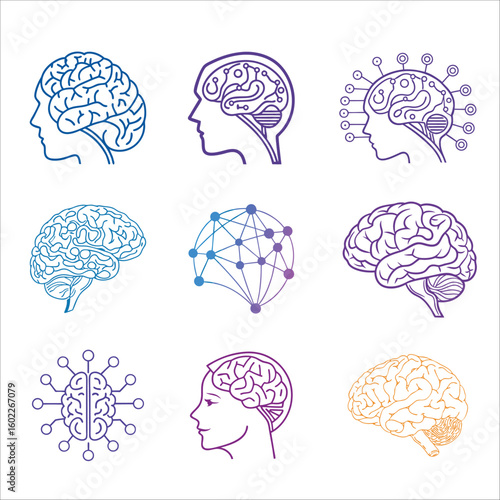 Artificial Intelligence Brain Icons Set Neural Network Vector Pack