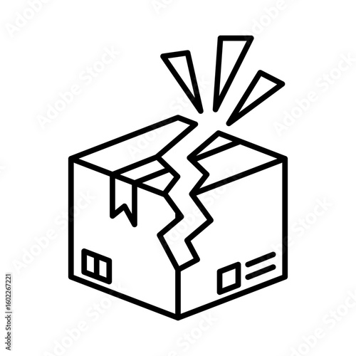Broken Package Icon – Damaged Box, Shipping Problem, Cracked Parcel Symbol – Black Line Vector