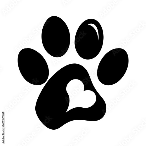 A simple black and white paw print with heart inside the paw