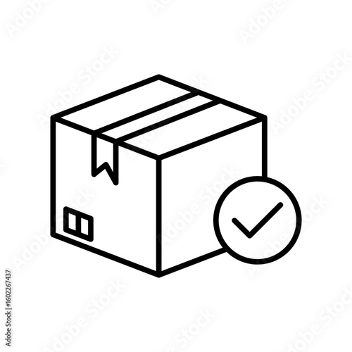 Delivery Package Icon with Check Mark – Shipping, Logistics, Verified Parcel Symbol – Black Line Vector