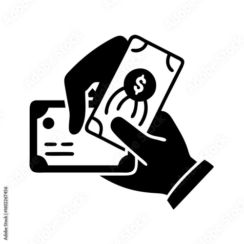 Hands exchanging money, symbolizing payment, transaction, or financial interaction in vector format