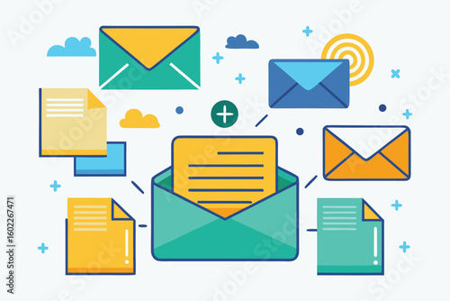 Digital illustration of various envelopes and notes representing communication and connectivity in a modern context