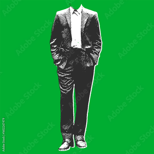A vintage businessman in a suit stands headless with hands in pockets on a green background. Engraving style vector illustration with black and white clothing.