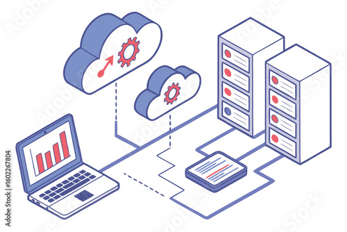 Cloud computing system with data transfer between clouds and a laptop displaying performance analytics