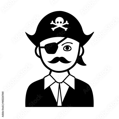 Cartoon pirate character with mustache, eyepatch, and pirate hat with skull